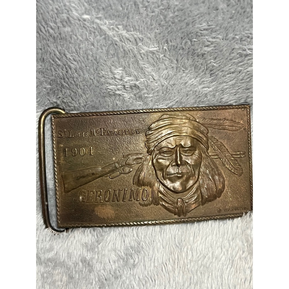 Vintage Geronimo 1904 St Louis Expo Brass Belt‎ Buckle Montauk Silver England